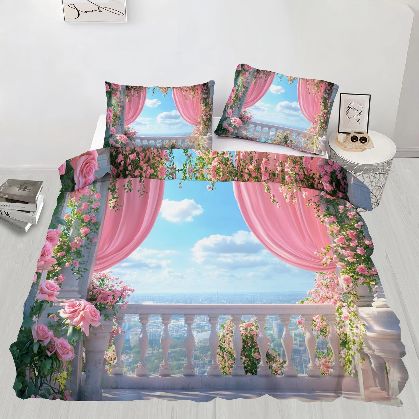 GKPLY Pink Rose Comforters Queen Size, Romantic Floral Bedding Duvet Cover, Elegant Garden Duvet Cover with 2 Pillowcases, 3 Pieces, Reversible Dreamy Balcony Bedding with Zipper