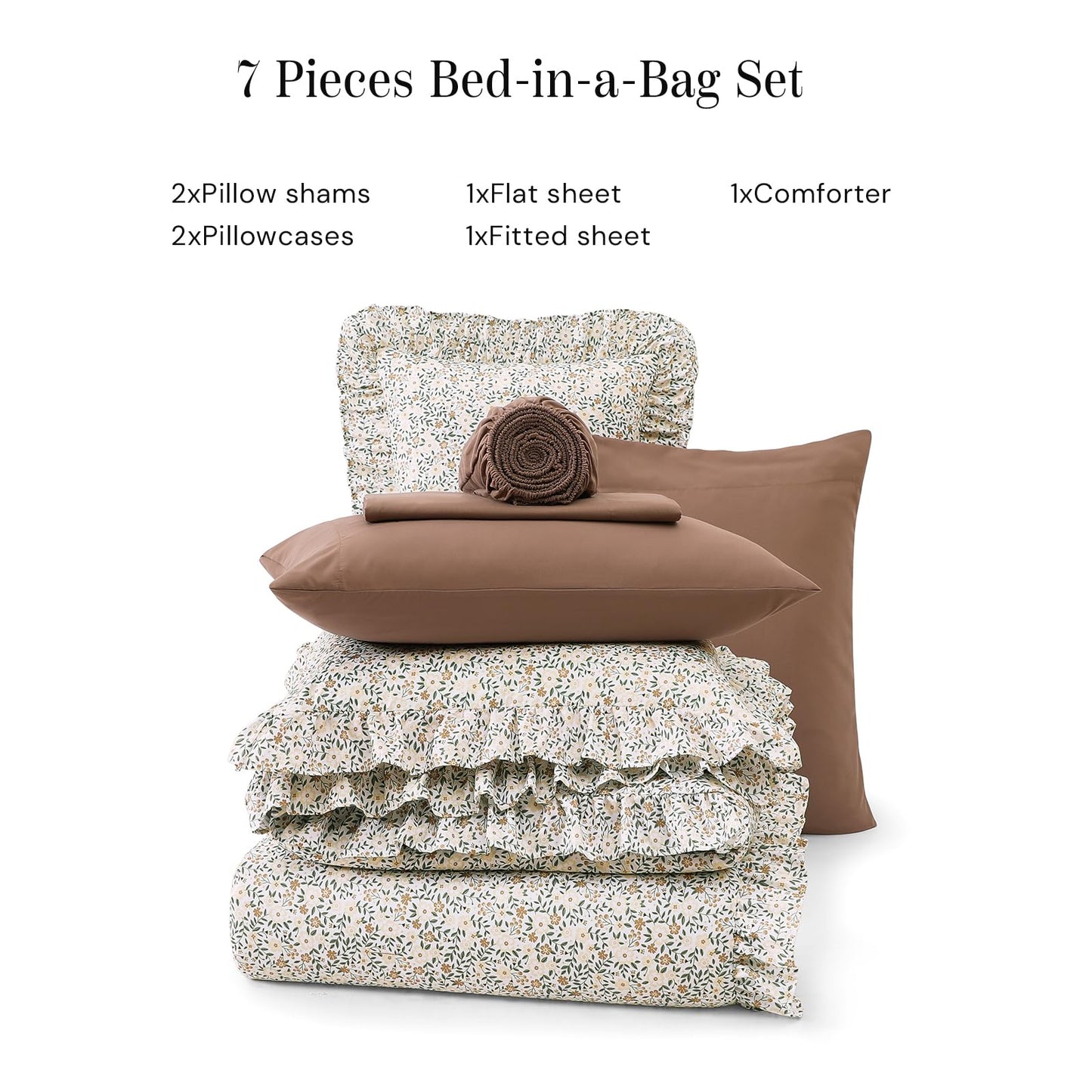 BLOOMHAVEN Queen Comforter Set - 7 Pieces Ruffle Beige Ditzy Bedding Sets, Shabby Chic Farmhouse Bed in a Bag Queen with Floral Comforter,Sheets, Pillowcases & Shams
