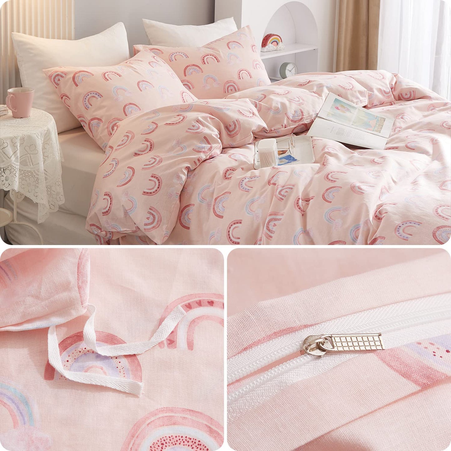 Ivellow Queen Duvet Cover Set 100% Cotton Rainbow Pink Kids Duvet Cover for Girls Cute Kawaii Bedding Set 3 Pcs Ultra Soft Breathable Toddler Teen Duvet Cover Patterned Cartoon Comforter Cover Bed Set