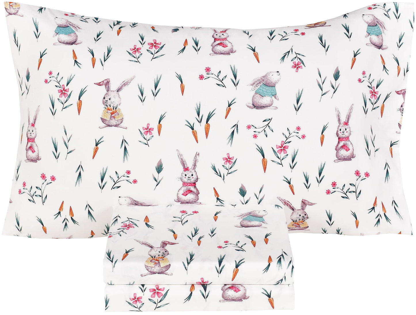 Scientific Sleep Cute Bunny Like Flower & Baby Carrot 100% Cotton Cozy 3 Pcs Twin Bed Sheet Set, Flat Sheet & Fitted Sheet & Pillowcase Natural Bedding Set for Kids Boys Girls (Rabbit)