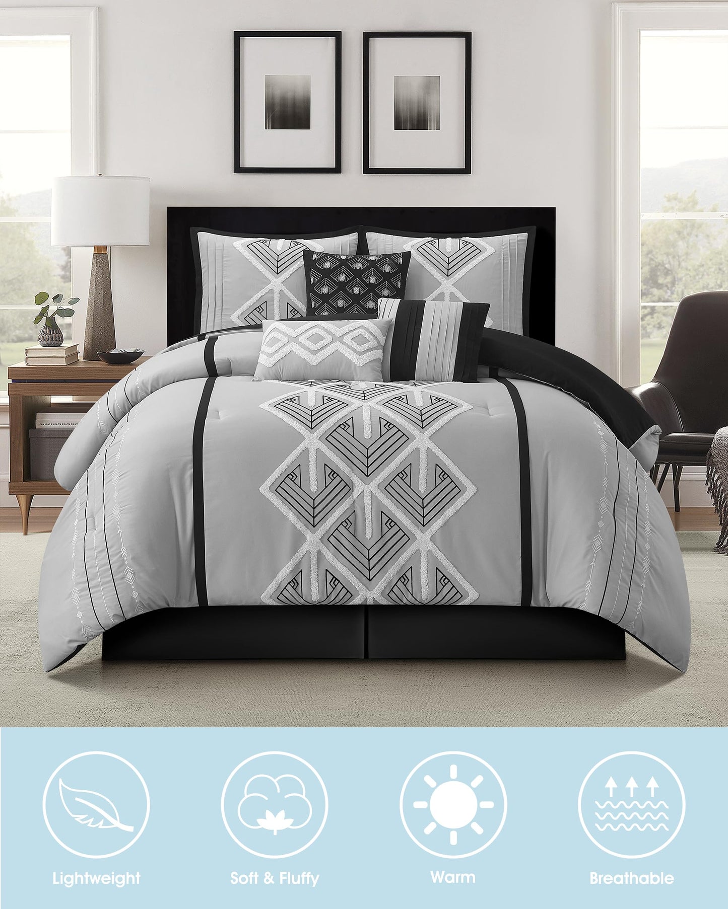 LANCO MODERN LIFESTYLE Grey Queen Comforter Set, Soft Lightweight Bedding Set for All Seasons, 7 Pieces, Comforter, Bedskirt, 2 Pillow Shams and 3 Decorative Pillows