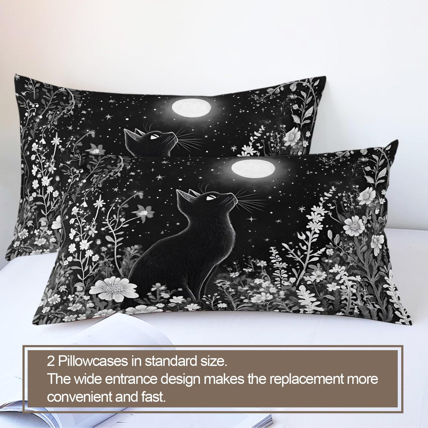 GKPLY Black Cat Moon Bedding Comforters, Monochrome Floral Duvet Cover, Starry Night Artwork Comforter Set Reversible Print, Magical Pets Bedding Duvet Cover & 2 Pillowcases, California King