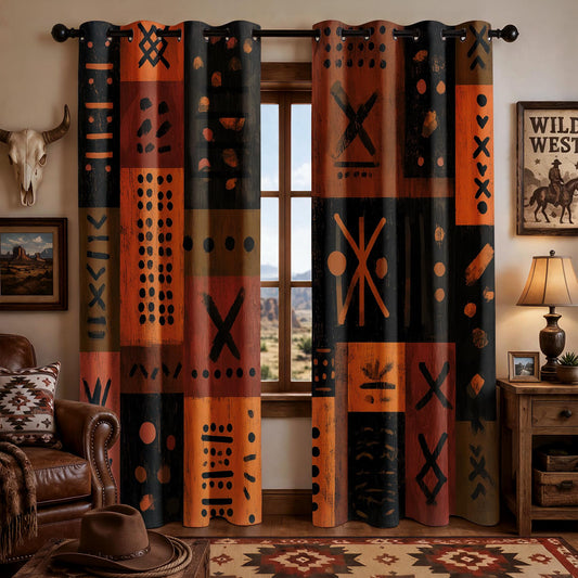 African Tribal Curtains 54 Inch Length 2 Panels Set, Mud Cloth Geometric Patchwork Patterned Blackout Curtains for Kitchen, Thermal Insulated Room Darkening Grommet Drapes