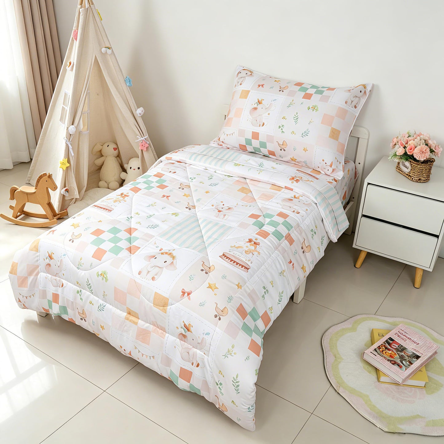 SWESEN Toddler Bedding Set for Girls, Toddler Girls Bedding Set, Soft & Lightweight 4 Piece Toddler Comforter Sets Include Comforter, Flat Sheet, Fitted Sheet, Pillowcase, Elephant