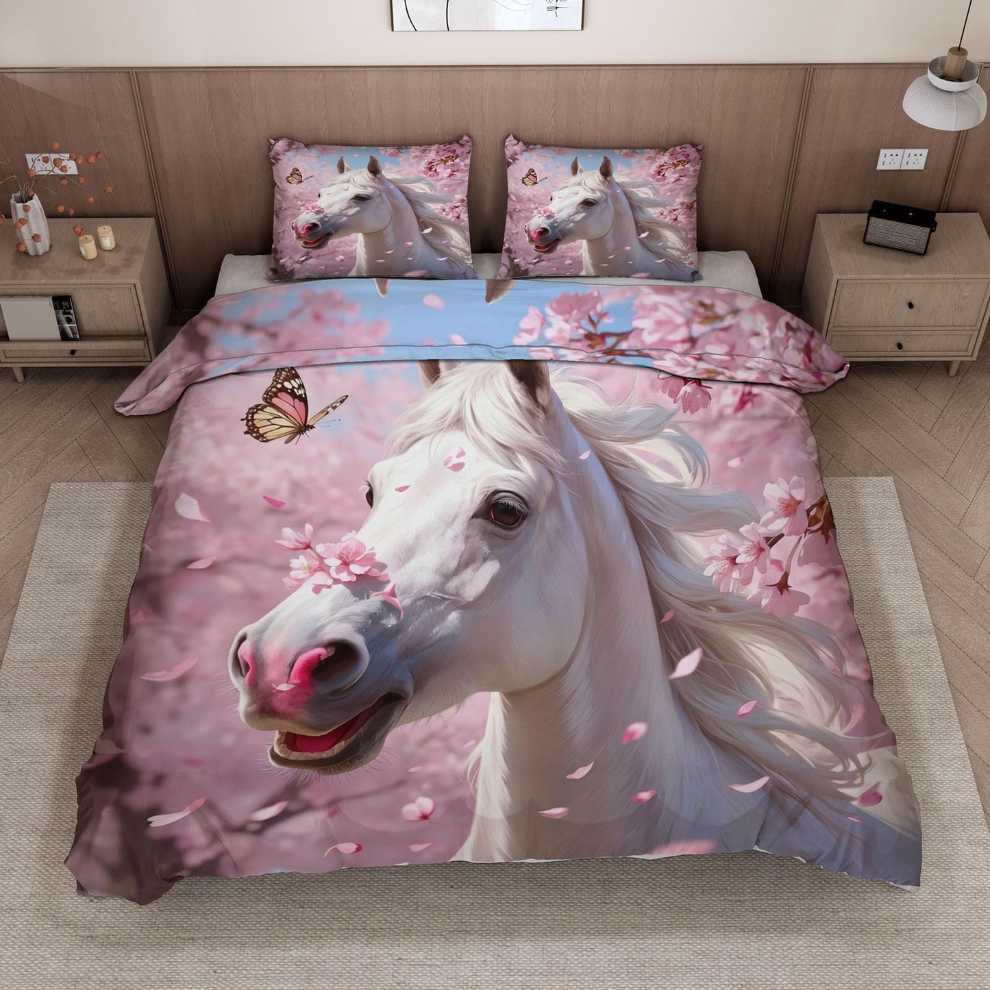 3D Horse Duvet Cover King Size 104x90in Soft Breathable Microfiber Cherry Blossoms Bedding Set Zipper Closure Reversible Comforter Cover 3 Pieces with 2 Pillow Shams (WJT 23-4)