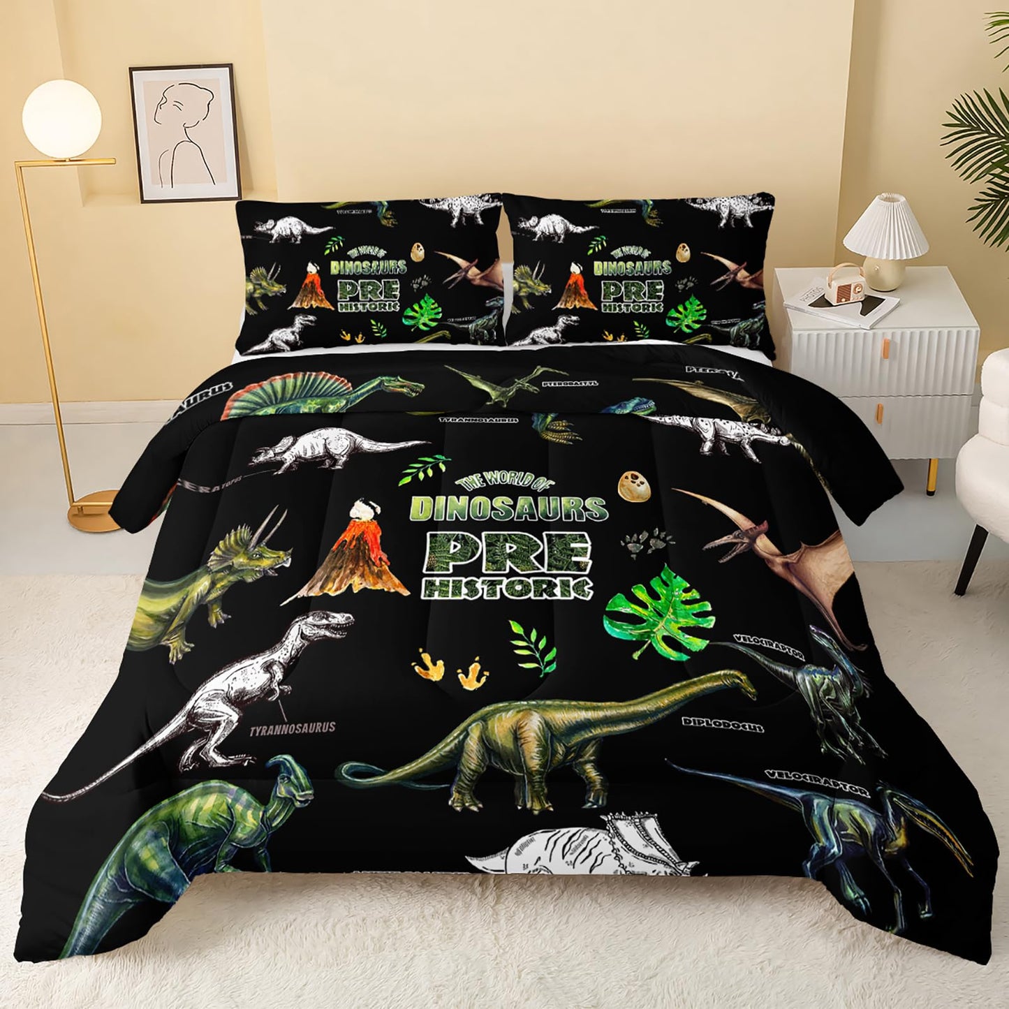QOOMO Jurassic Dinosaurs Comforter Set, 3D Animals Bedding Set Suitability Girs and Boys Decorate Room Queen Size with 1 Comforter Set 2 Pillowcases
