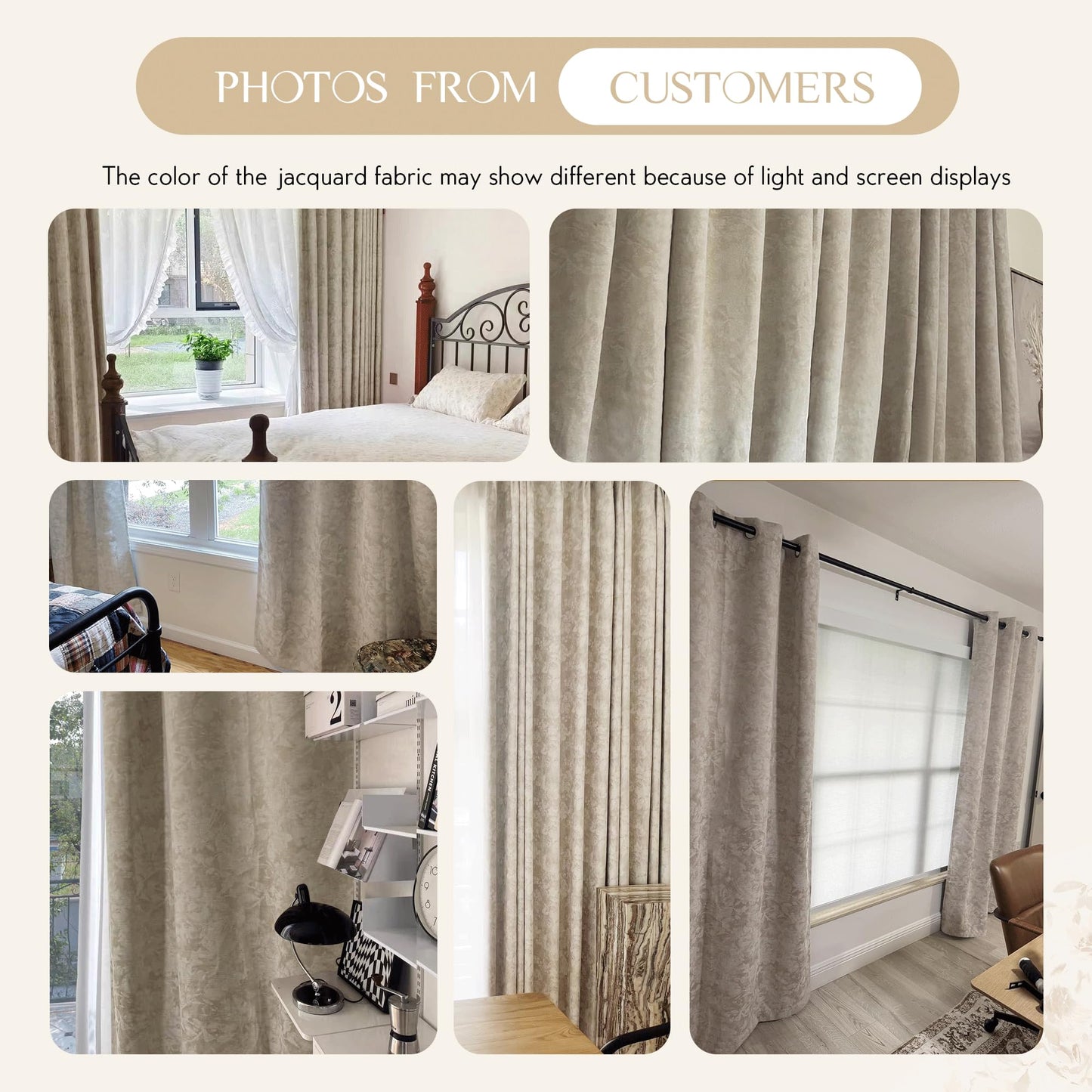 Beauoop Beige Floral Jacquard Blackout Curtains 84 Inches Long 2 Panels for Bedroom Living Room Flower Chenille Room Darkening Thermal Insulated Soundproof Grommet Window Treatments Drapes 52x84x2