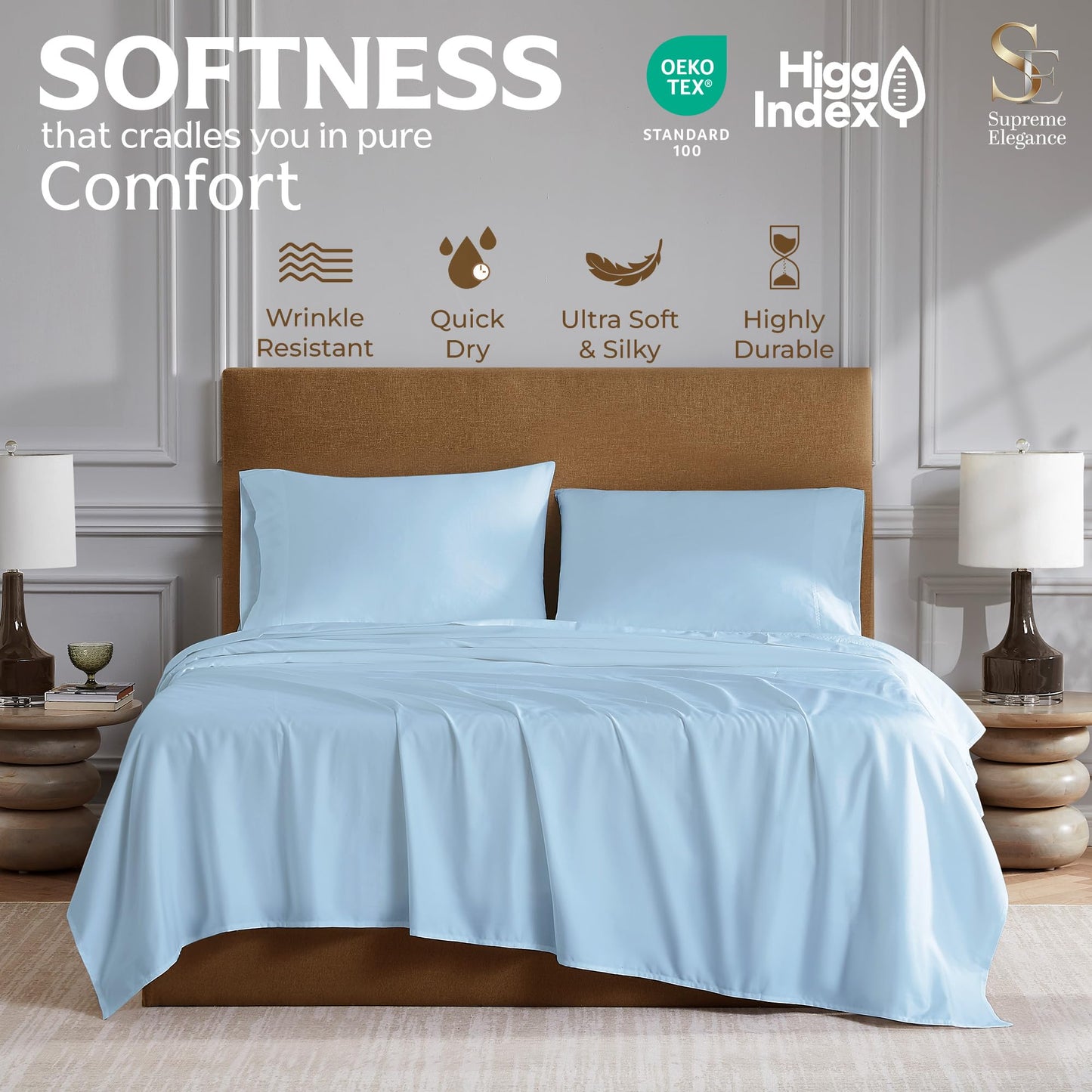 Supreme Elegance 800 Thread Count King Size Sheets Set (4 Piece) - Sky Blue - Smooth Cotton Rich Sateen Bed Sheets - Super Soft, Wrinkle Resistant, Durable Hotel Bedding - 16" Deep Pocket Fitted Sheet
