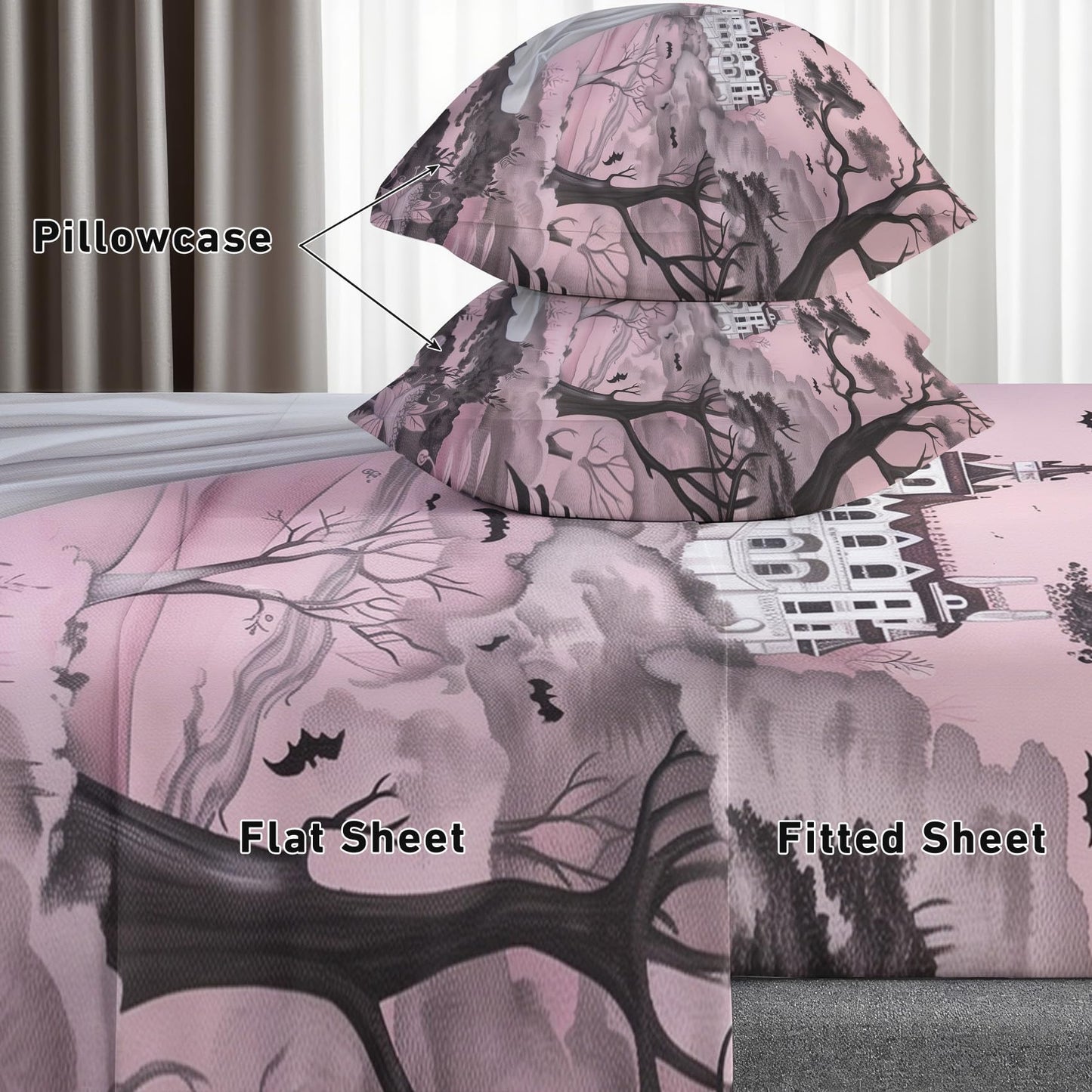 Pink Ghost Sheets Twin Size - Cute Halloween Gothic Spooky Bed Sheet Set - Deep Pocket Soft Microfiber Bedding Set 3 Piece - Fitted Flat Sheet Pillowcase - Pink Ghost Bedroom Decor & Gifts