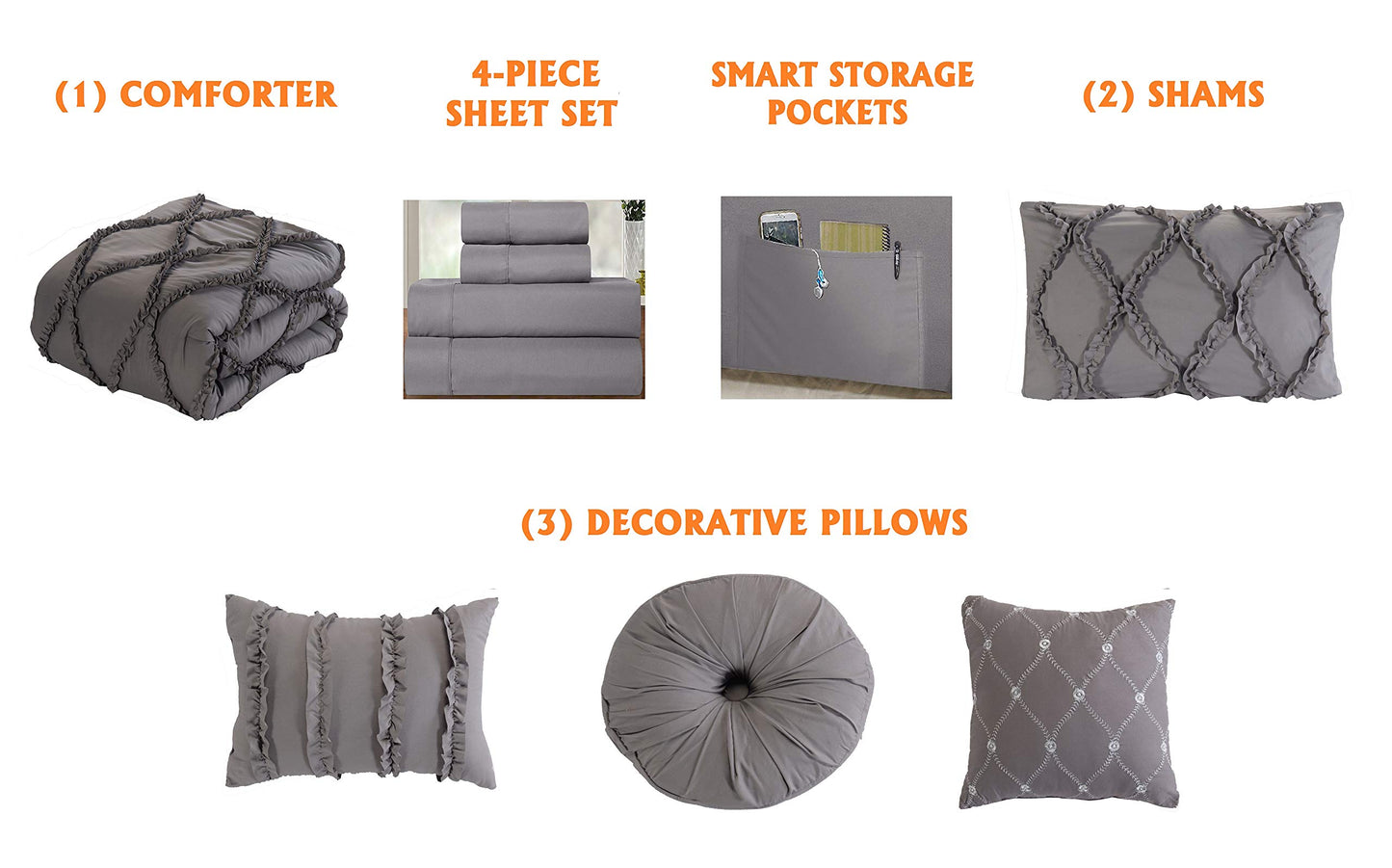Elegant Comfort Luxury Best, Softest, Coziest 10-PIECE Bed-in-a-Bag Infinity Design Comforter Set, Includes Bed Sheet Set with Double Sided Storage Pockets and Decorative Pillows, Full/Queen, Grey
