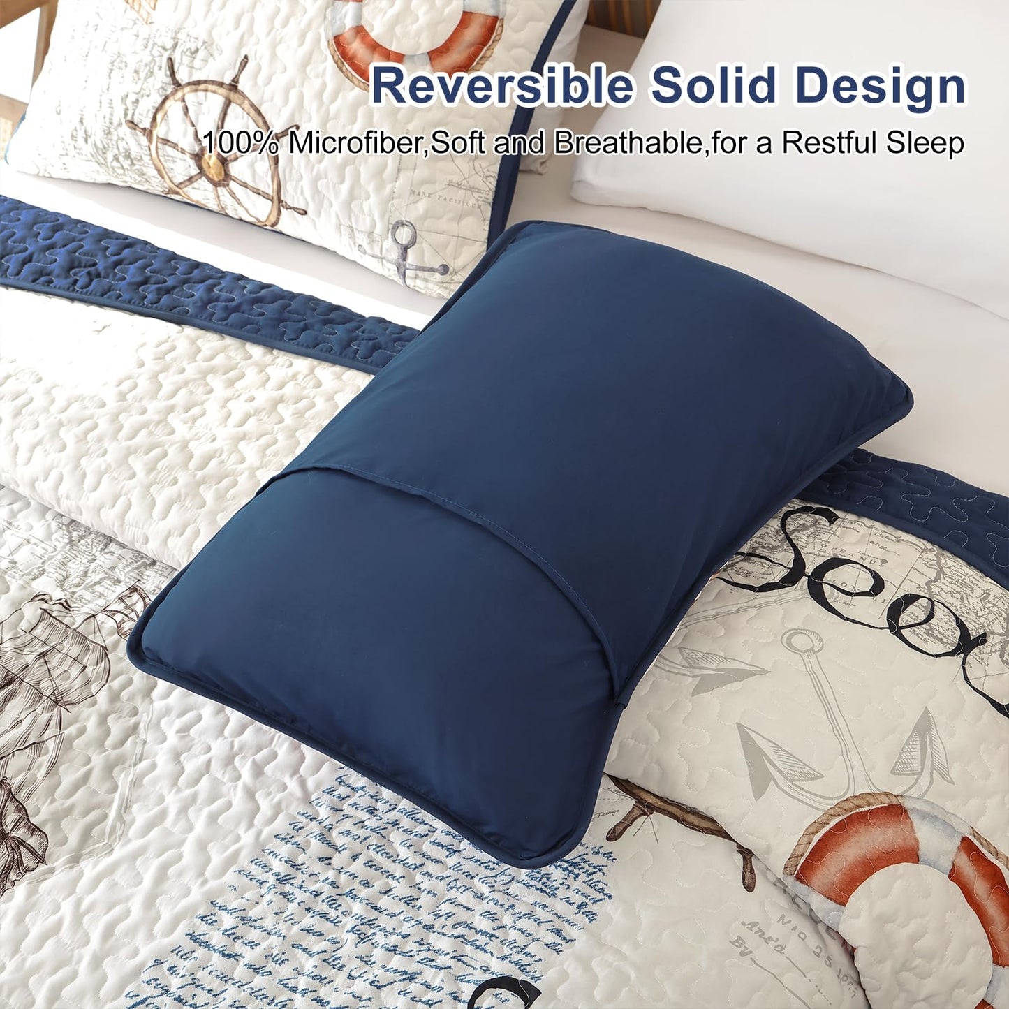 Djoymock Ocean King Size Quilt Set 3 Piece,Nautical Coastal Quilt Bedding Set with 2 Shams Soft Lightweight Beach Bedspread Coverlet Summer Reversible Microfiber Comforter Set for All Season, 104"x90"