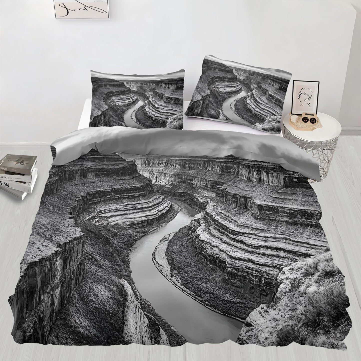 PAISUOQ Landscape Duvet Cover Full Size, Canyon Landscape Bedding, 3 Piece, Soft Microfiber Patterned Comforter Cover with Zipper Ties & 2 Pillowcase, Gray Bedroom Decor & Gifts