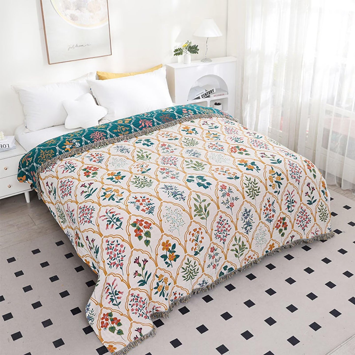 BRYALIX 100% Cotton Muslin Boho Floral and Plants Blanket, Super Soft Decorative Throw for Couch, Bed Chair Quilt Travel Blankets, Reversible Jacquard Coverlet, Lightweight Farmhouse Picnic, 60"x80"