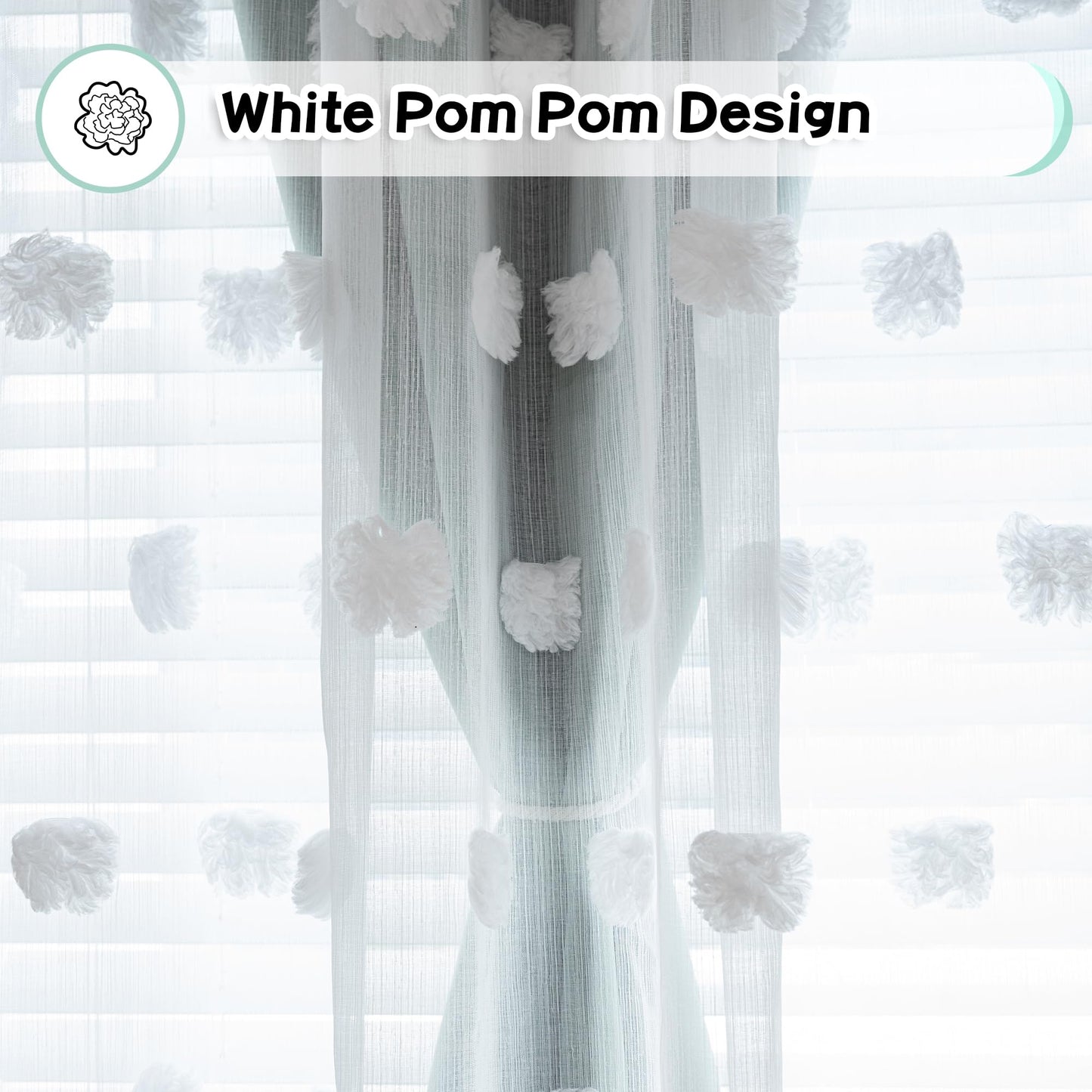 MYSKY HOME Kids Curtains for Boys Bedroom 63 Inches Long Room Darkening Double Layer Drapes for Son Room Decor White Pom Pom Sheer Back Tab Blackout Curtain 2 Layers Aqua 52 x 63 Inch 2 Panels