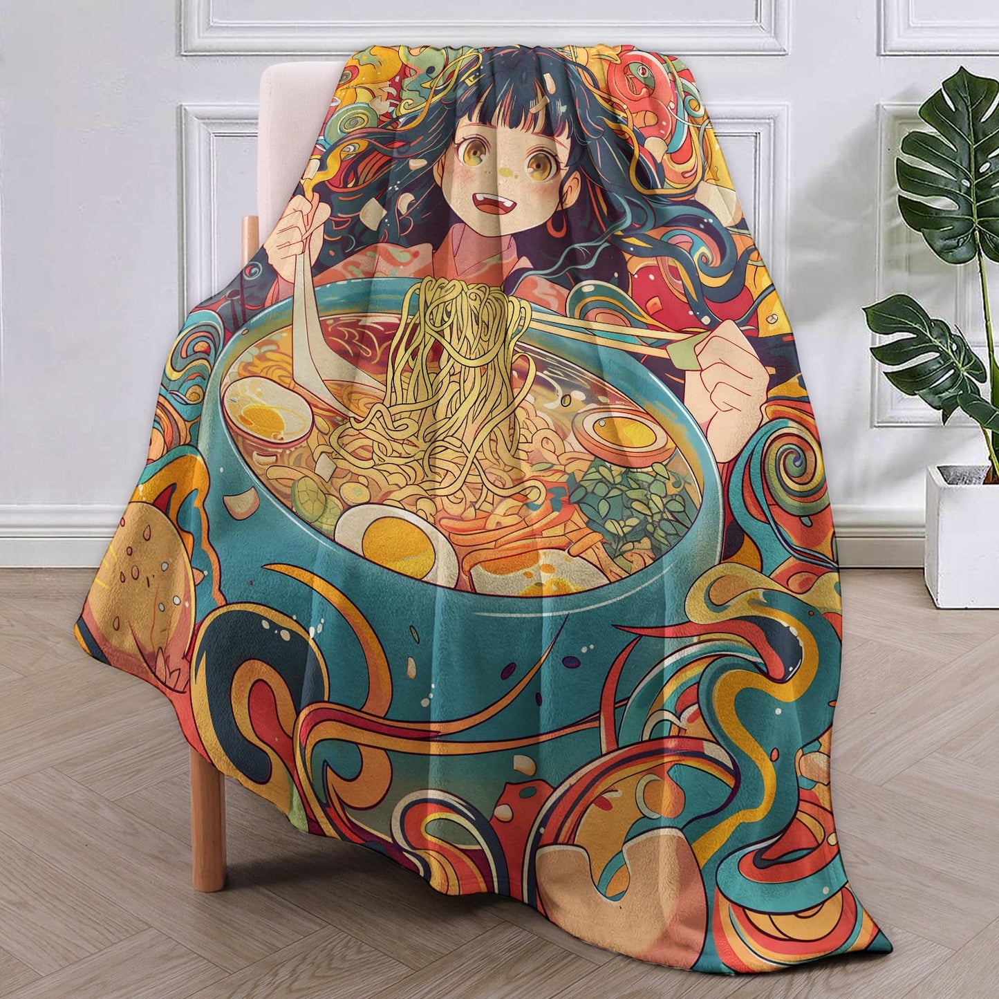 VANZEV Ramen Girl Blanket Gifts for Anime Fans Women, Anime and Foodie Flannel Blanket, Soft Warm Lightweight Throw Blankets for Bed Couch Home Travel Decor 50" x 60"