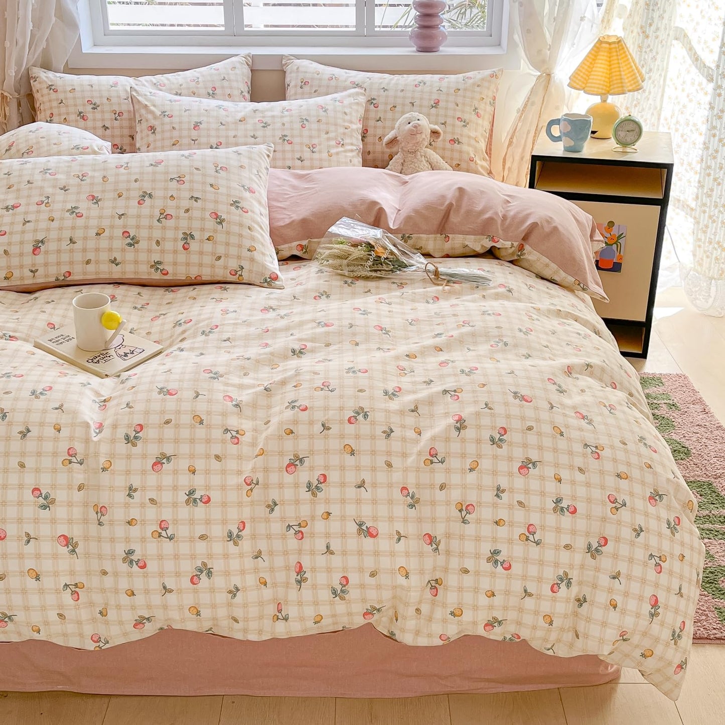 LIWHENHAO Strawberry Duvet Cover Set Twin 100% Cotton Bedding Red Yellow Fruit Floral Flower on Cream White 1 Plaid Grid Comforter Cover Zipper Closure 2 Pillowcases for Kids Girls Boys
