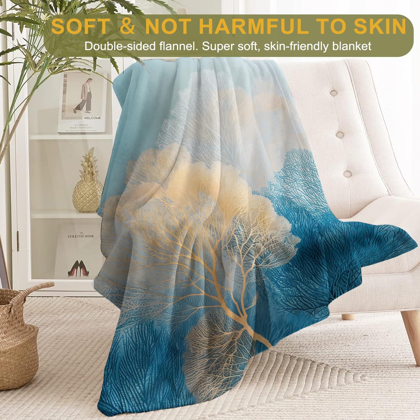 ainori Sea Coral Flannel Blanket - Lightweight Soft Cozy Unique Gifts Blankets for Ocean Lovers,Kids,Adult,Women,Abstract Nautical Pastel Art Throw,Home Room Modern Decor 50x60in