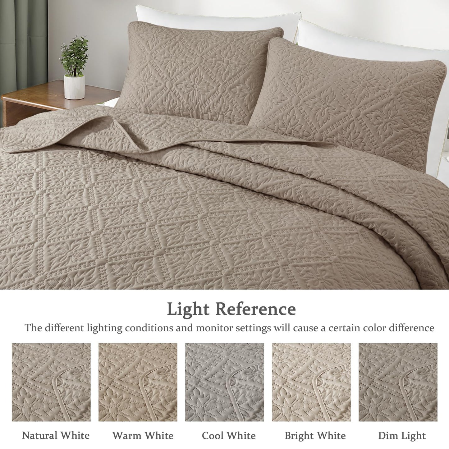 Exclusivo Mezcla King Quilt Bedding Set, Lightweight Soft Bedspreads Coverlets with 2 Pillow Shams, Modern Taupe Oversized Quilts King Size for All Seasons