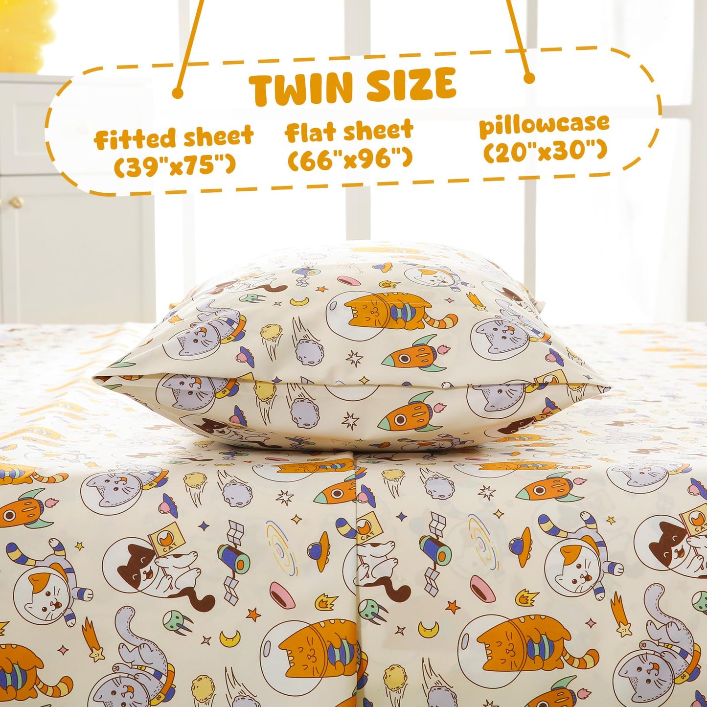 LONAVA Twin Sheet Set Kids - 3 Pieces Soft Microfiber Cartoon Style Bedsheets for Boys Girls Teens, Oeko TEX, Breathable Deep Pocket Sheets, (Space Cat)