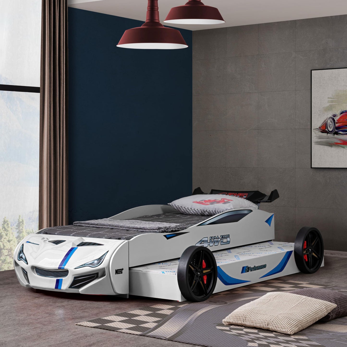 Furniture of America Redvers Modern Wood Twin-Size Kid Bed with Race Car Design and Pull-Out Trundle, No Box Spring Required for Toddler, Teens, Boys or Girls, White
