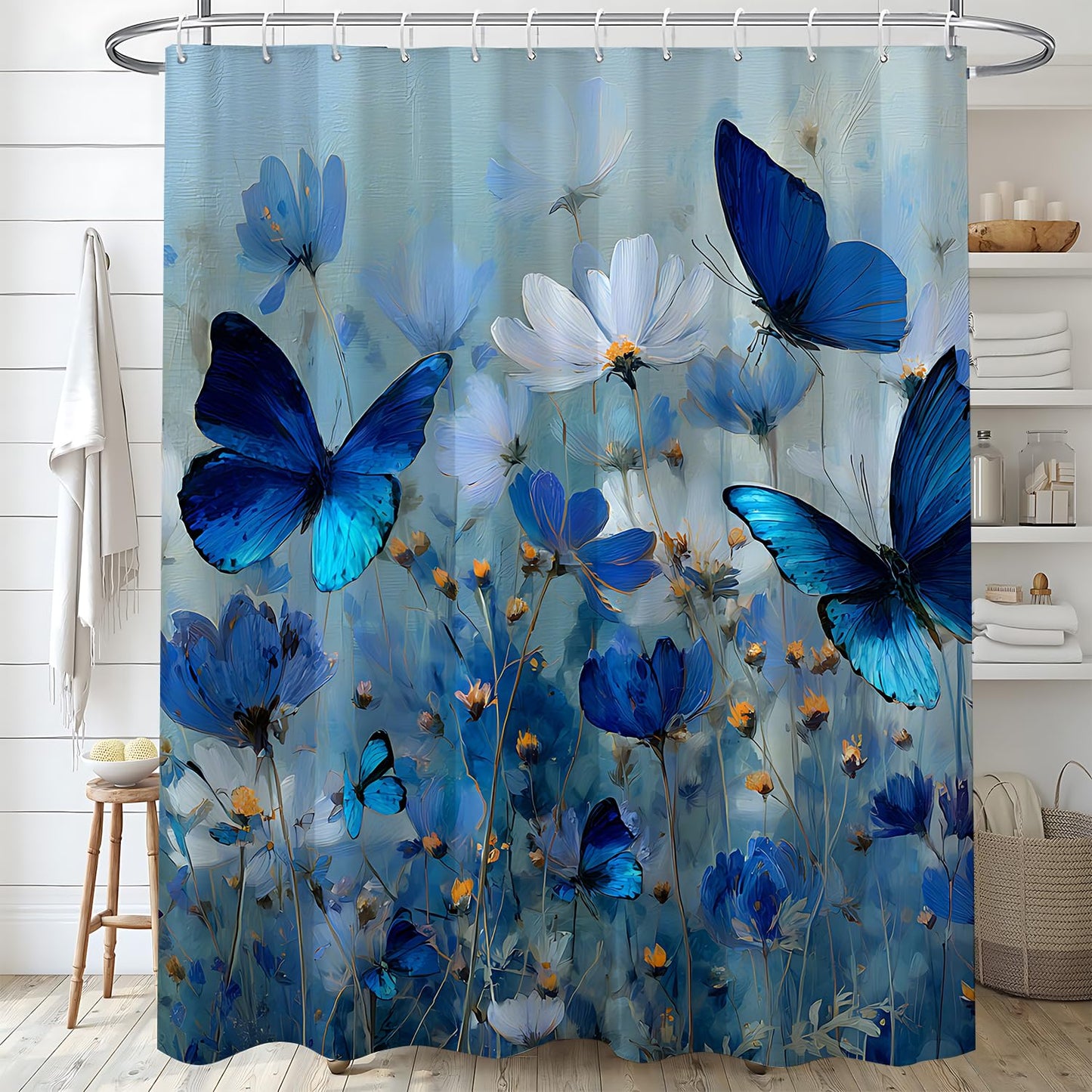 THISFIND Shower Curtain, Blue Floral with Butterflies on Gradient Background Machine Washable Waterproof Fabric for Bathroom Decor Bathtub with 12 Hooks 72x72