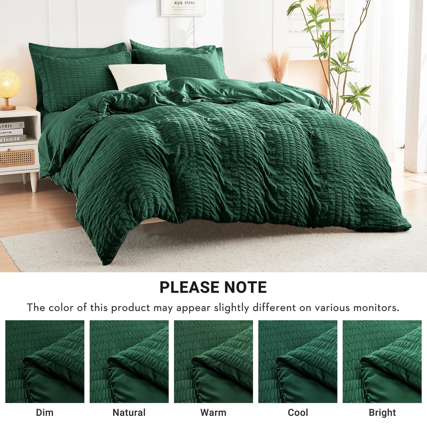 HYMOKEGE Emerald Green Oversized Queen Comforter Set Seersucker 7 Pieces, All Season Luxury Bed in a Bag for Bedroom, Bedding Set with Comforter, Sheets, Pillowcases & Shams