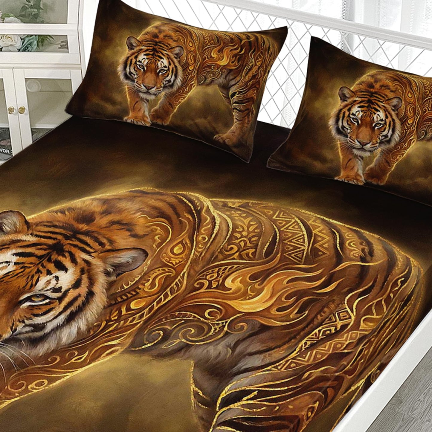 AILONEN Tiger Stripe Twin XL Fitted Sheet Set, Golden Smoke Printed Bedding with 2 Pillowcases, 16 Inch Pocket, Student Apartment Bedroom