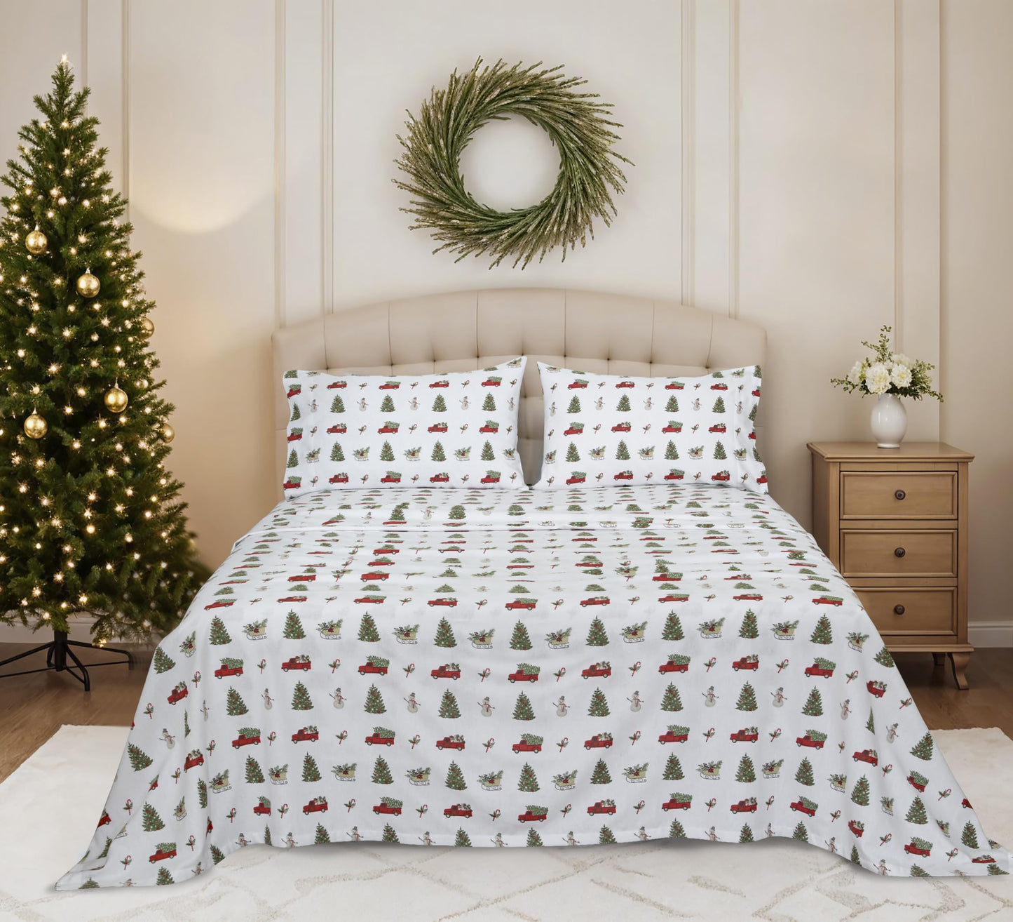 RUVANTI Flannel Sheets Queen Size - 100% Cotton Double Brushed Bed Sheets, Deep Pockets 16 Inches Queen Sheet Set, All Seasons Breathable & Extra Soft - Warm & Cozy, 4 Piece, Holiday Haul