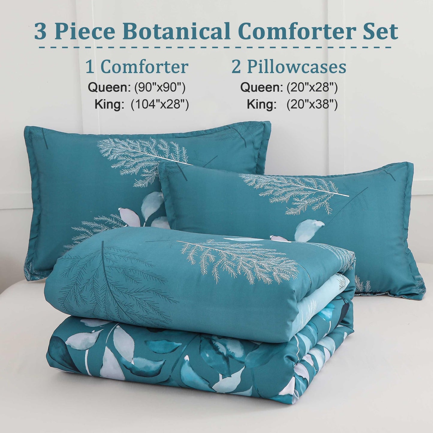 DJY Teal Botanical Comforter Set King, 3 Pieces Blue Leaves Comforter for King Size Bed Reversible Floral Bed Comforter Set Soft Microfiber Bedding Set for All Season