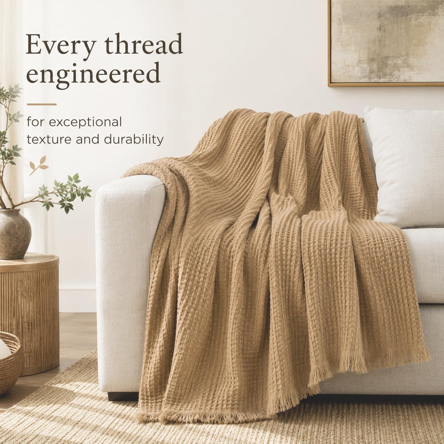 Luxury Waffle Weave Throw Blanket with Eyelash Fringes, 50 x 70 Inches High-End Accent Decor Blanket for Couch, Bed & Sofa, Modern Boho Farmhouse Living Room Aesthetic Statement Piece, Camel