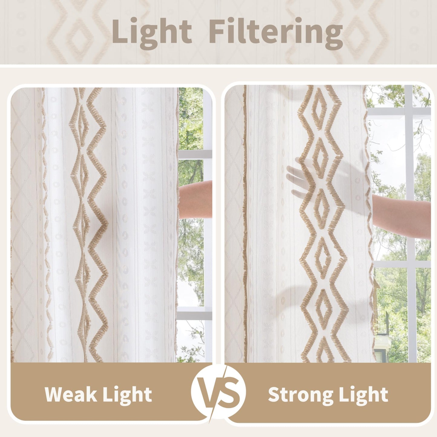 BGment Jacquard Boho Linen Curtains for Living Room 2 Panels, Botanical Tufted Pom Stripe Geometric Pattern Drapes for Farmhouse Bedroom Light Filtering, 52 X 84 Inch