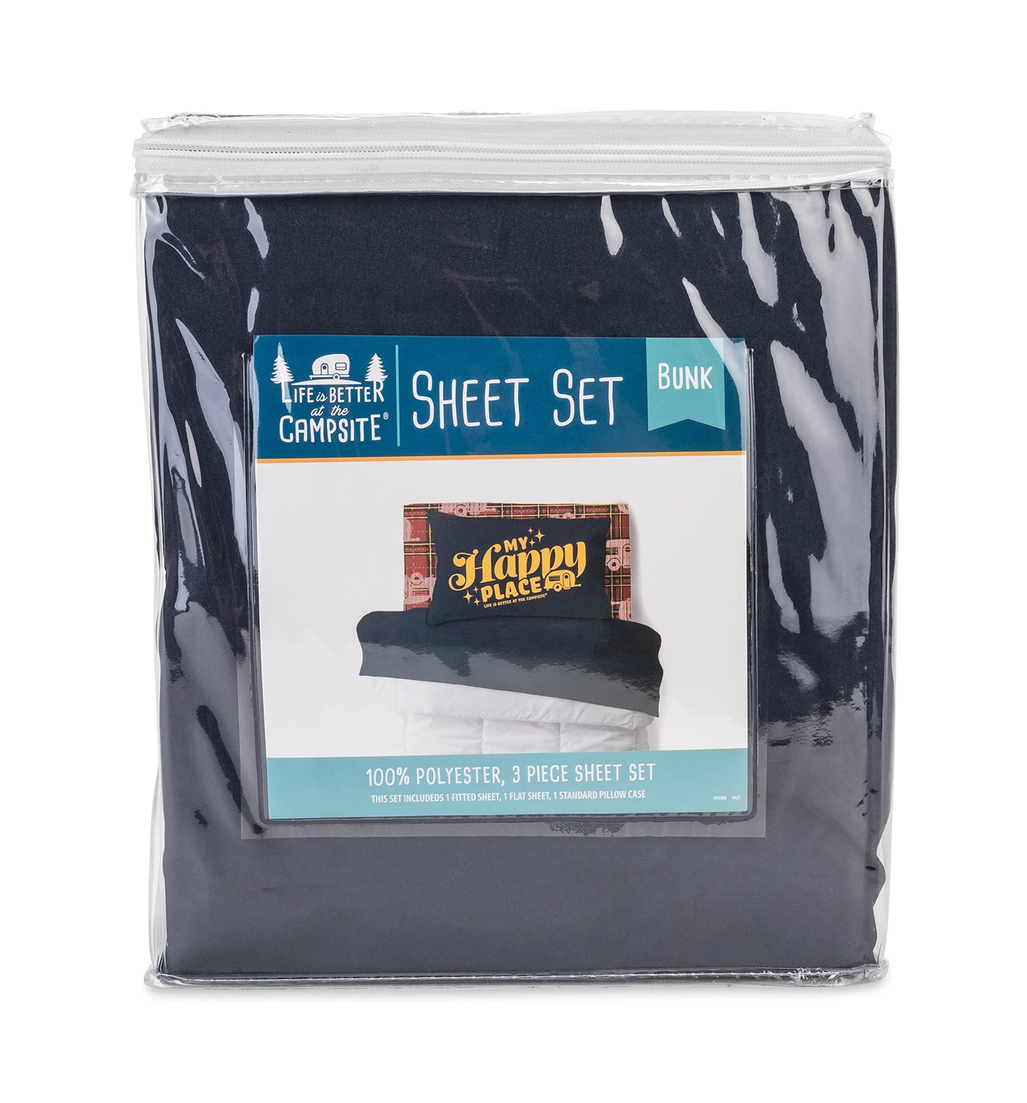 Camco Life is Better at The Campsite Camper/RV Bunk Sized Bed Sheets | Features Vintage-Inspired Camping Theme on Red Plaid & Navy Flat Sheet | Soft Machine Washable Polyester | 3-Piece Set (53120)