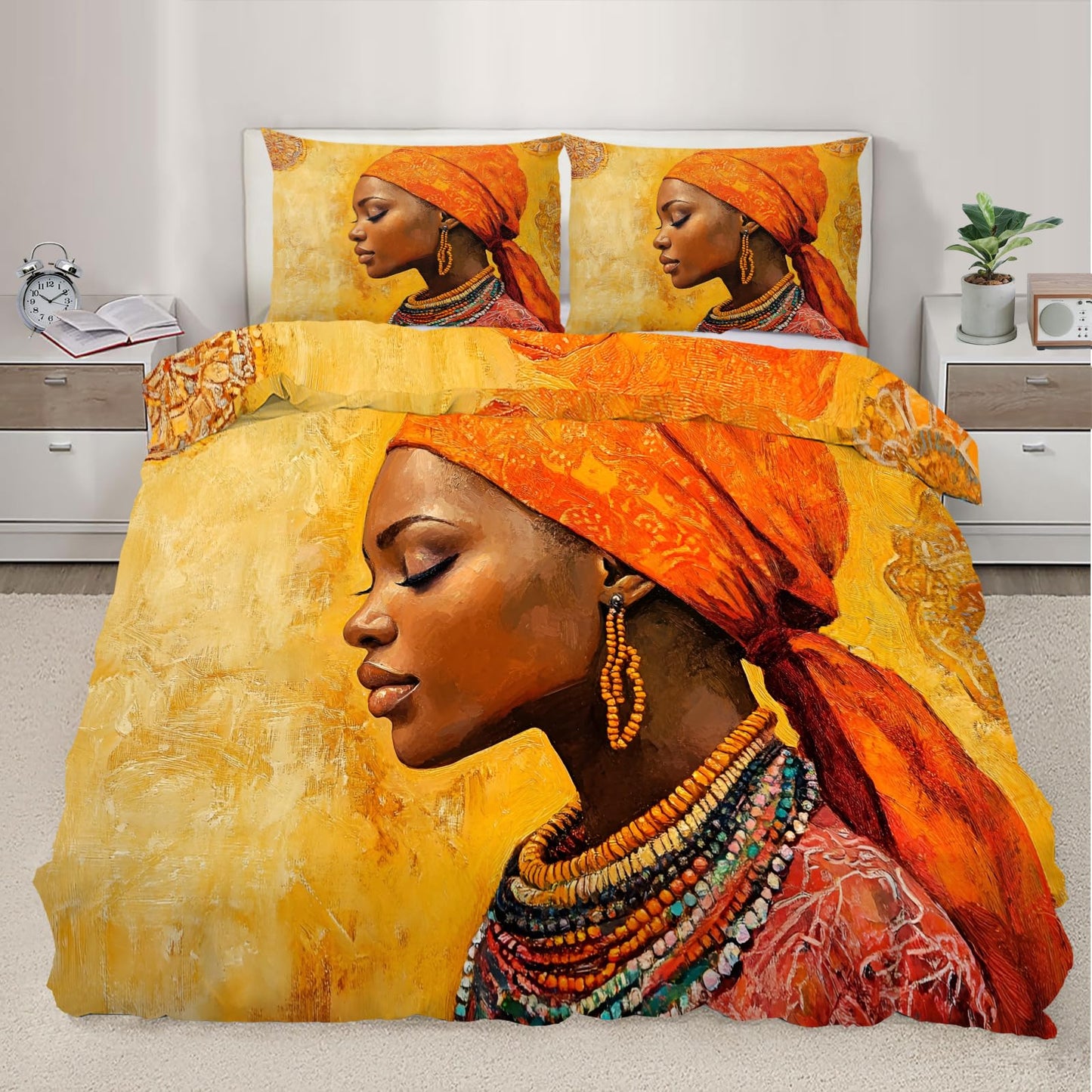PAISUOQ African Woman Bedding Sets, Black Women Duvet Cover Queen, African Girl Comforter Cover with Zipper Ties, 3 Pieces with 2 Pillowcases, Home Decor & Gifts