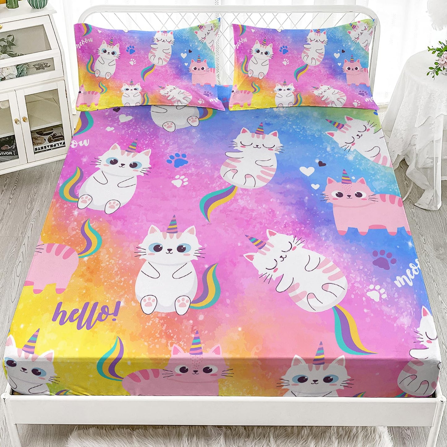 Axolotl Cat Sheet Twin Size,Kawaii Cartoon Cat Sheets Set 4Pcs,Cute Rainbow Flat Sheet,Cute Animal Printed Bed Set with 1 Fitted Sheet 1 Flat Sheet 2 Pillowcases,Pink Blue