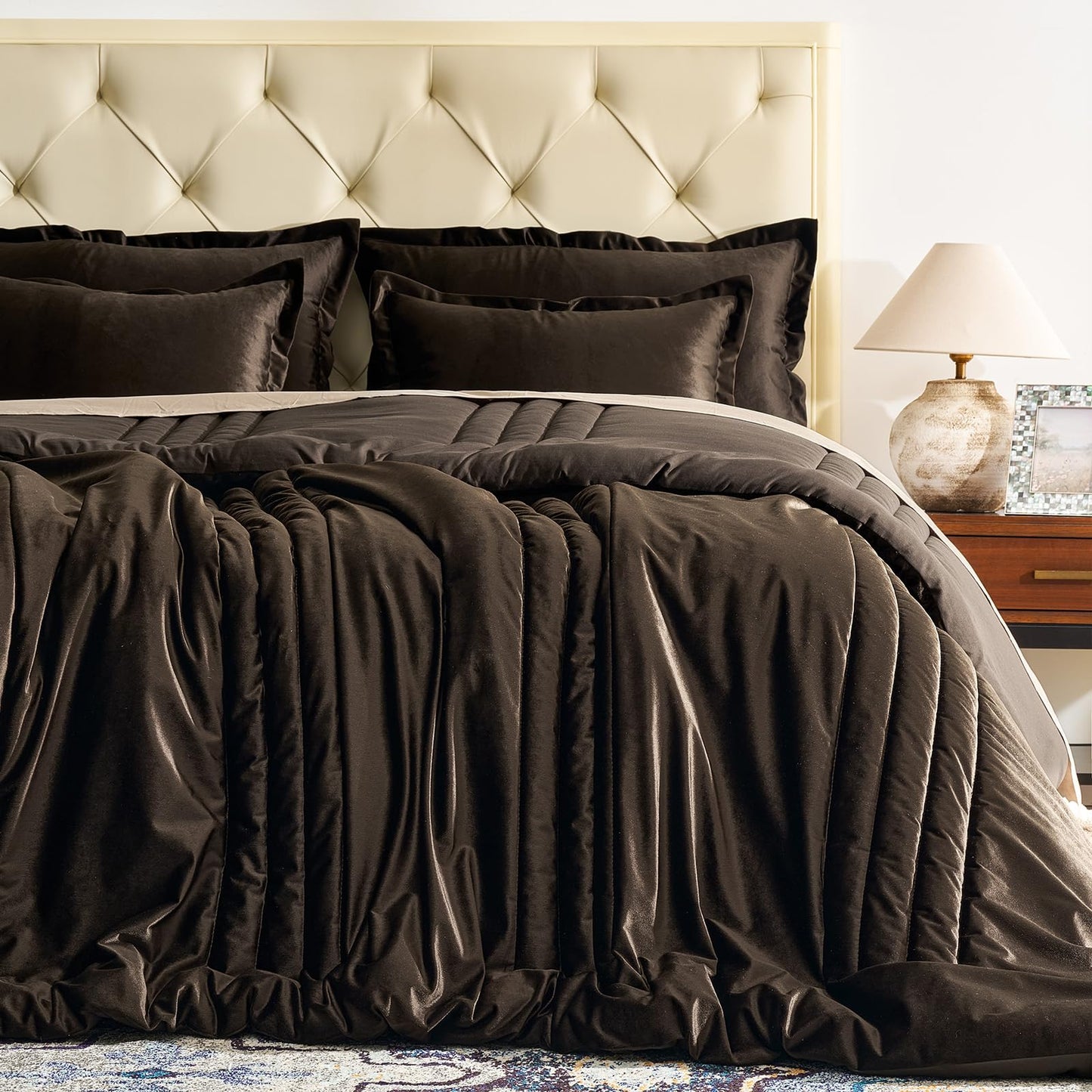 Bedding Velvet King Comforter Sets: Brown 3 Pieces Luxurious Ultra Soft Bed Set Suitable for All Seasons - Chocolate Cozy Striped Farmhouse Rustic Lightweight Men Women Bedroom Comforters with 2 Shams