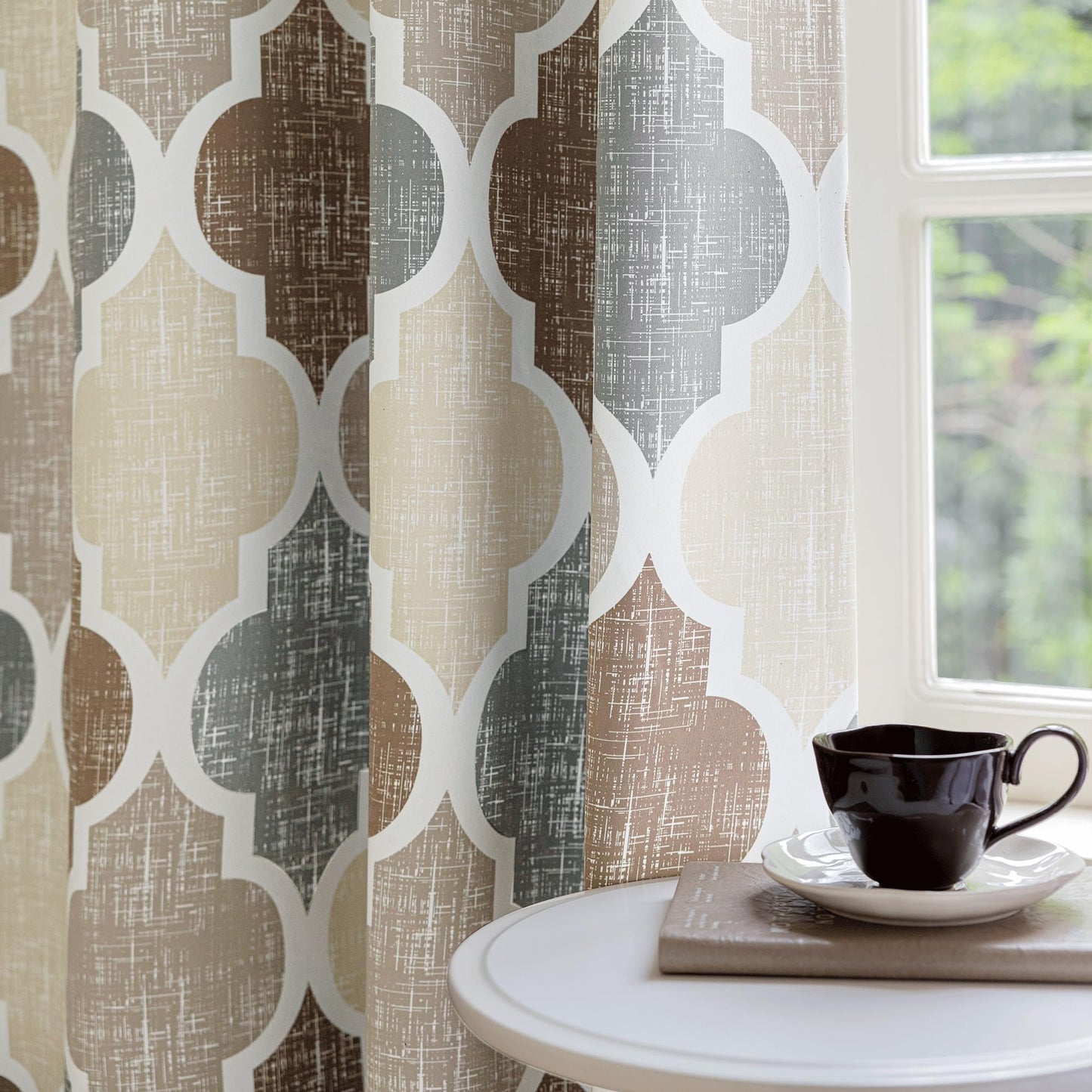 Beauoop 100% Blackout Curtains 84 Inches Long 2 Panels for Bedroom Living Room Brown Grey Moroccan Geo Room Darkening Thermal Insulated Soundproof Grommet Top Window Treatments Drapes, 50x84 Set of 2