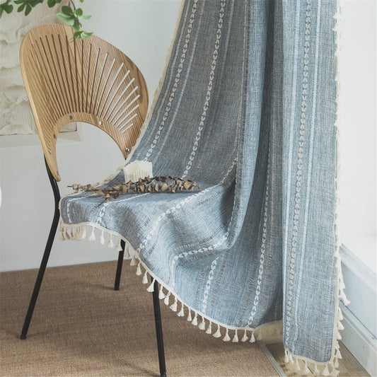 Sutuo Home Denim Blue Boho Curtains 84 Inches Long for Bedroom&Living Room,Bohemian Light Filtering French Country Linen Farmhouse Vintage Chic Tassels Hollow Window Treatment Drape, 1 Panel 52" W