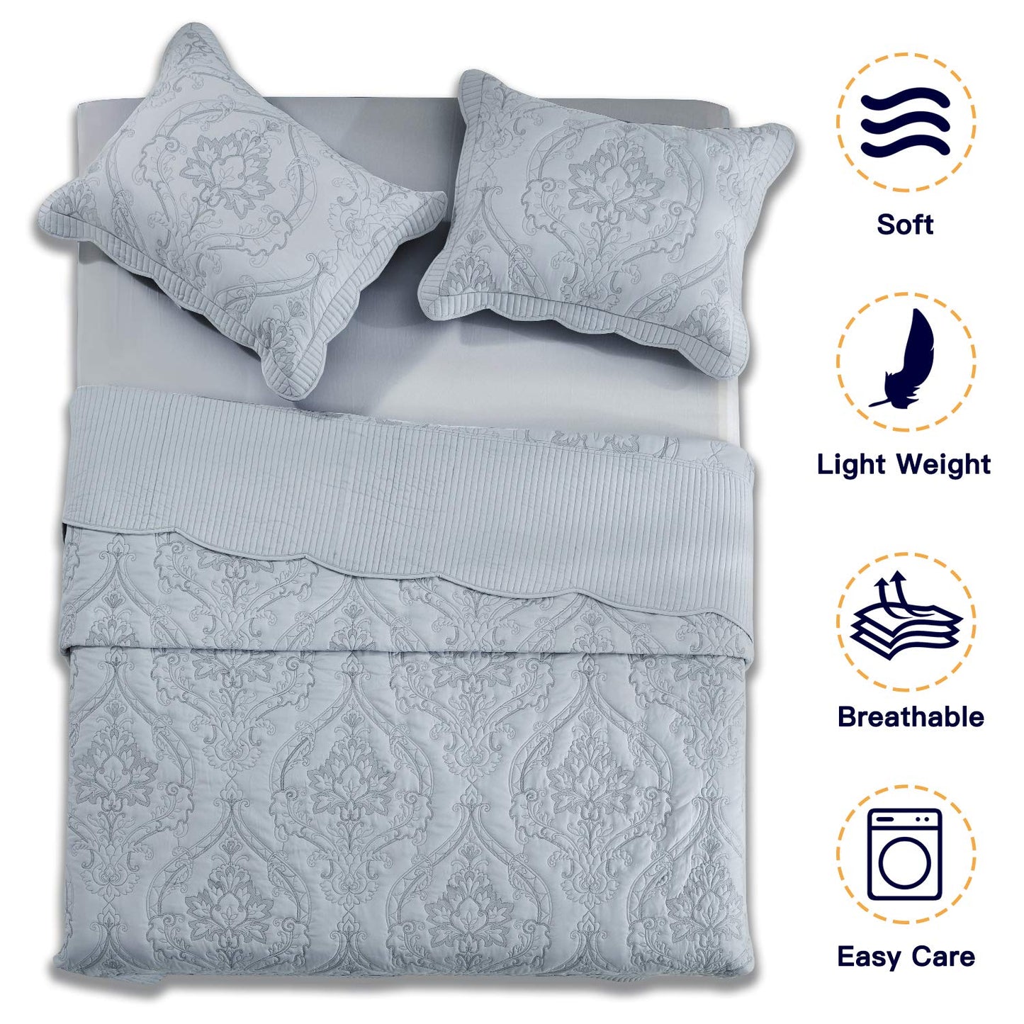 CHIXIN Oversized Bedspread Coverlet Set King Size - Lightweight Bedding Cover - Beautiful Stitching - 5 Piece Reversible Bedspread - Gorgeous Damask Paisley Pattern (King, Light Grey)