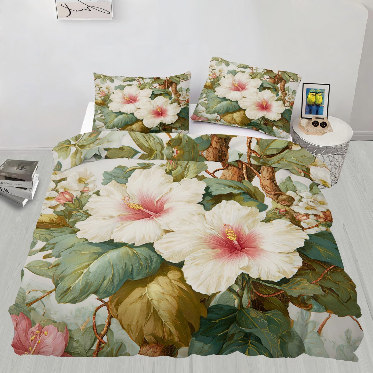 ZAMODE Floral Duvet Cover 120" x 98", Hibiscus Bedding Set, Tropical Flower Comforter Cover with Zipper Ties