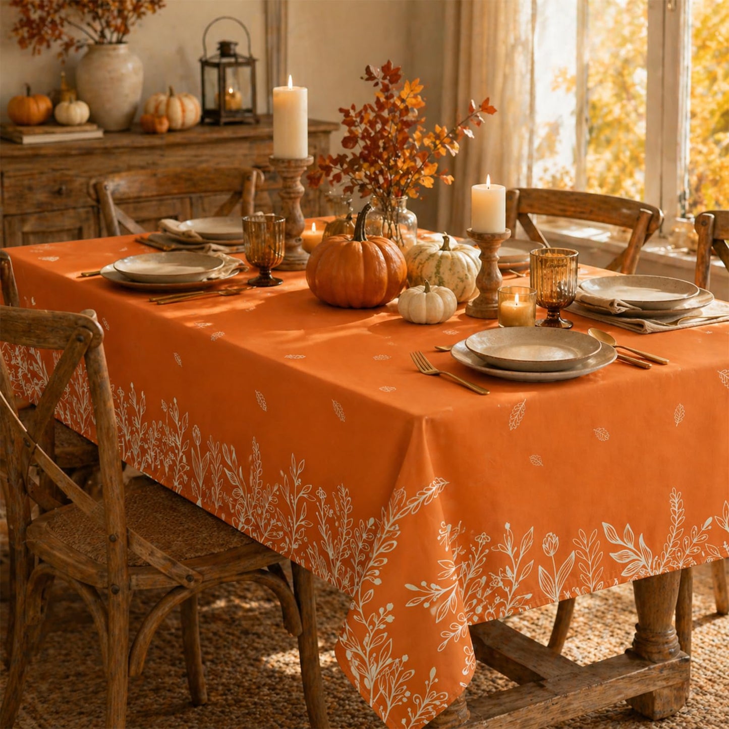 Juynyyn Fall Tablecloth 60x84 Inch Rectangular, Thanksgiving Autumn Harvest Orange Wild Flowers Table Cover for Party Picnic Dinner Decor