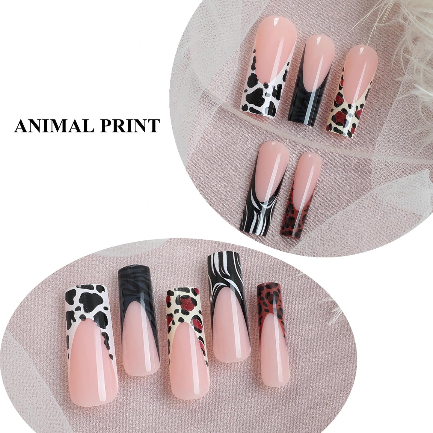 MERVF Press on Nails Long Square, Leopard Cow Print French Tip Fake Nails Black Glue ons Acrylic Nail Animal Print Design Glossy 24pcs