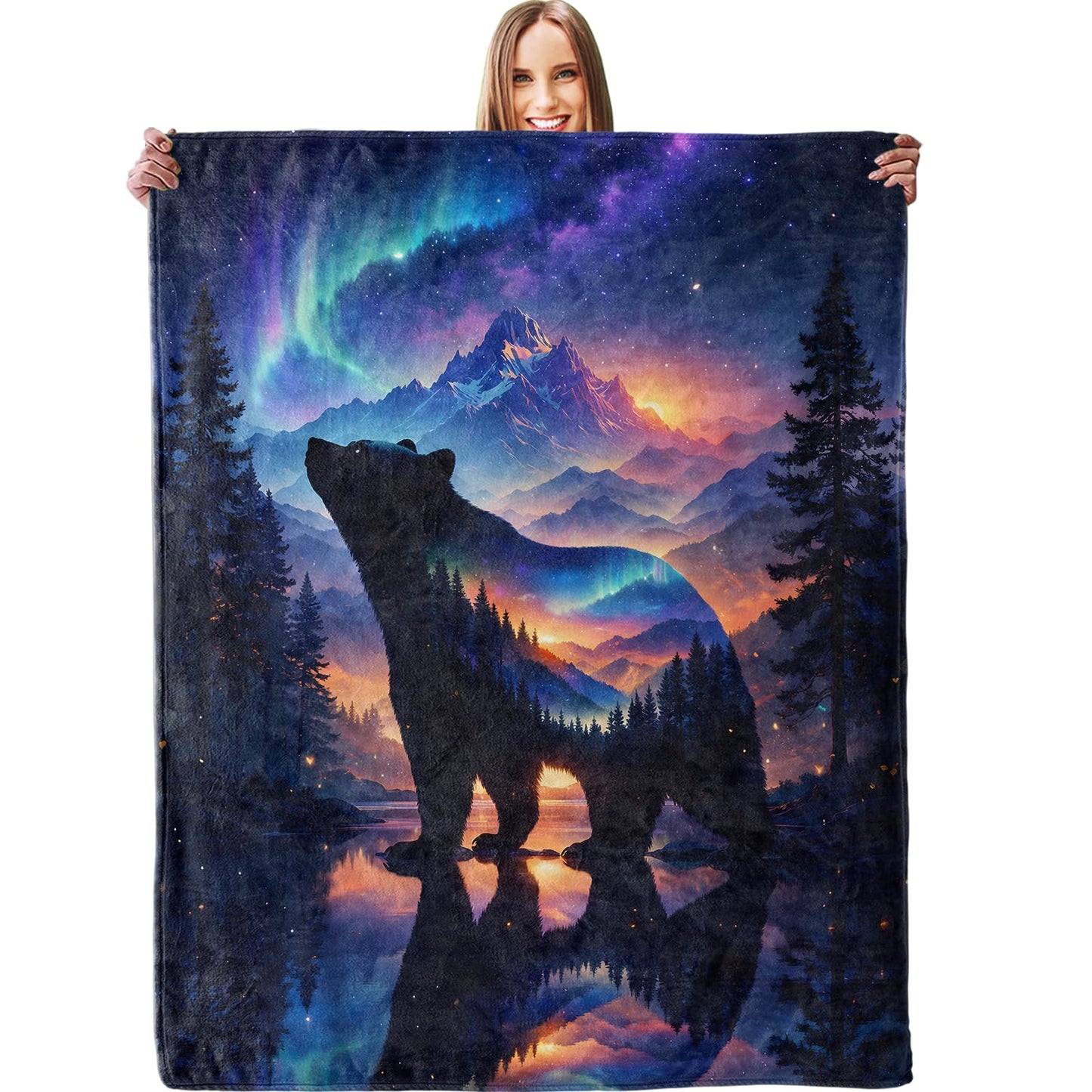 dhakalrlde Aurora Bear Mountain Blanket, Northern Lights Forest Wildlife Silhouette Landscape Throw Blanket Gifts for Women, Lightweight Warm Cozy 60×50 inch Galaxy Flannel for Couch, Bed, Decor