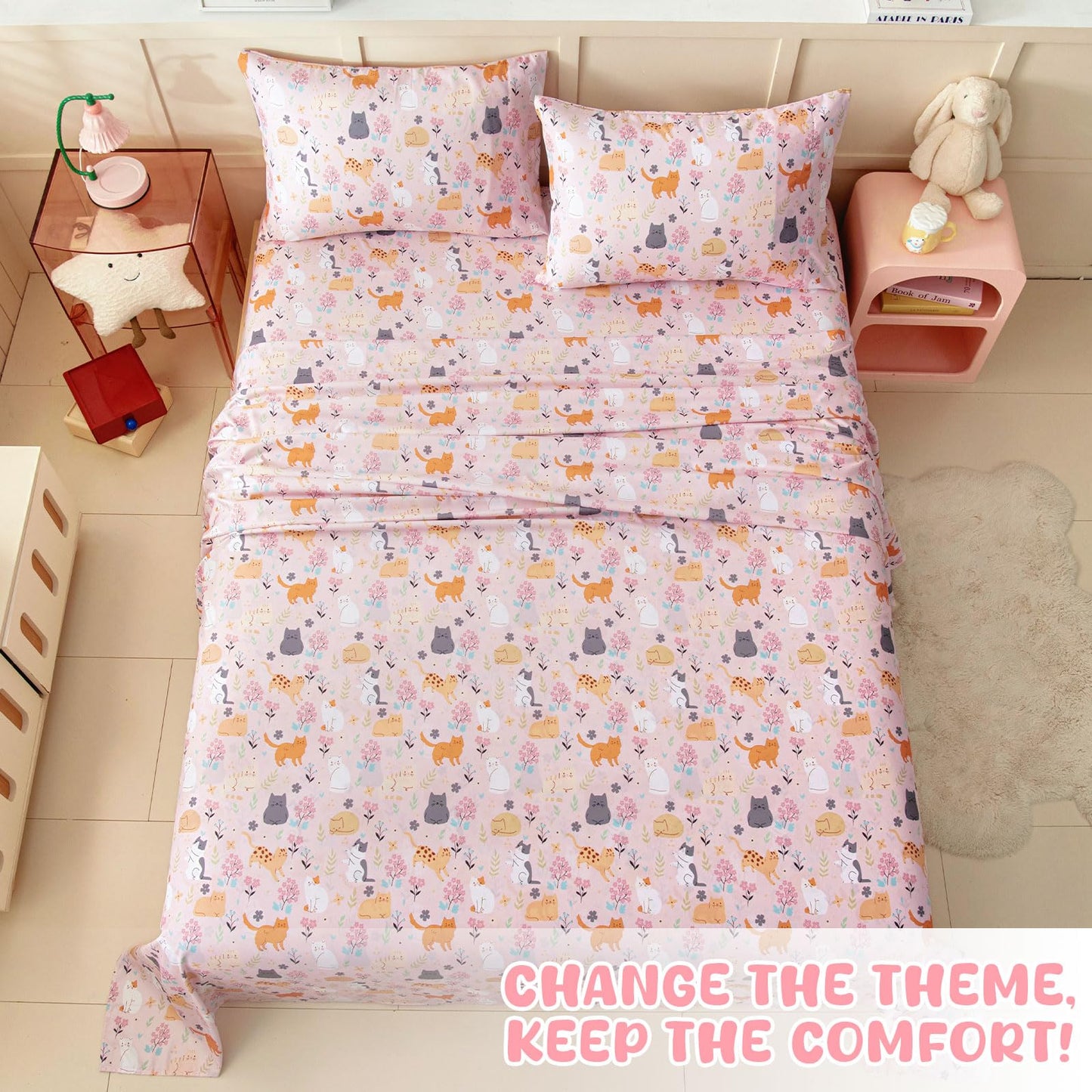 Swiftify Twin Sheet Set for Kids Girls, 3-Piece Bed Sheet Set for Toddler, Soft Brushed Microfiber Bedding, Deep Pocket, Wrinkle & Fade Resistant, Cute Cats