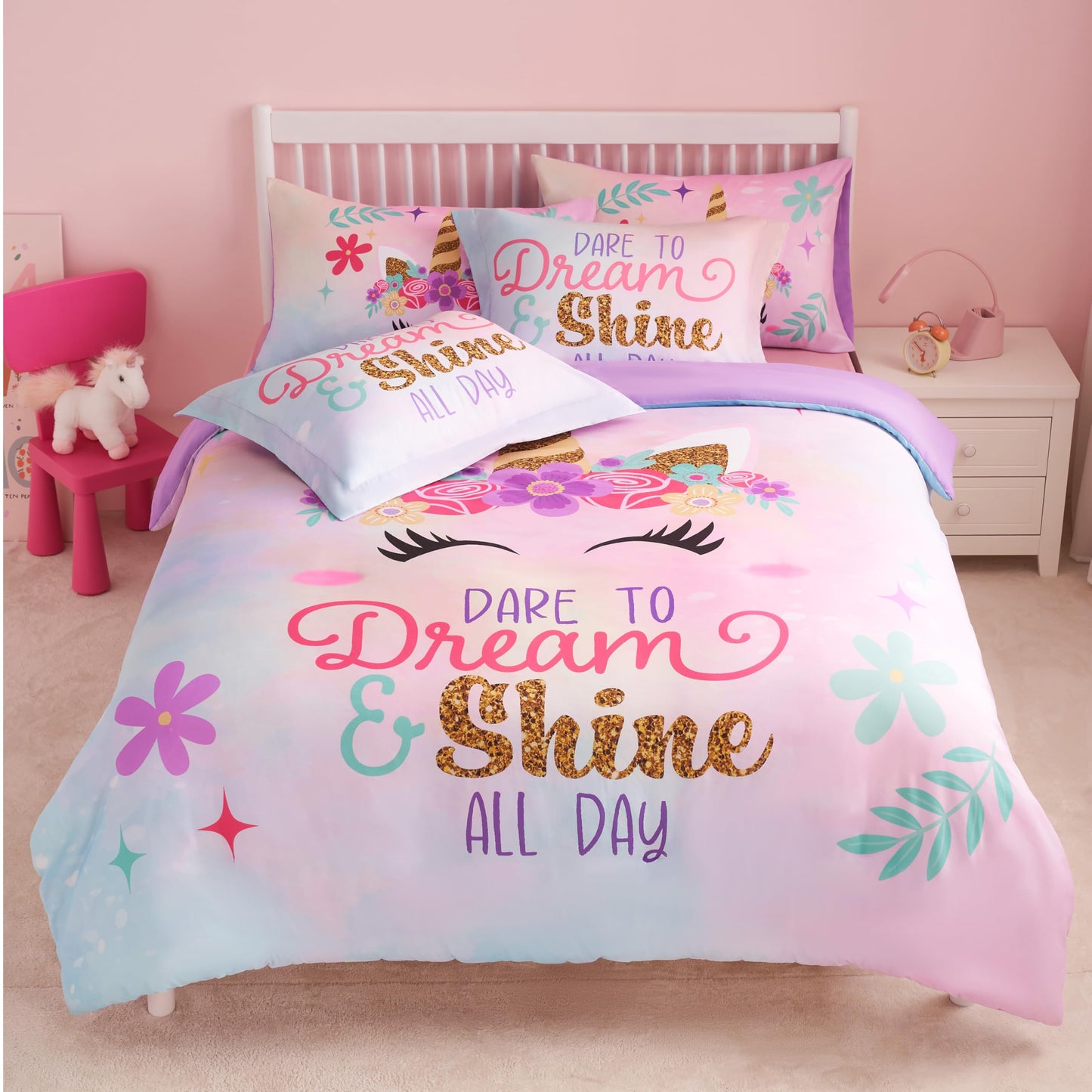 Joiedomi Kid Full Comforter Set 7 Piece Unicorn Bedding Set for Boys Girls Super Soft Microfiber Bed in a Bag with Comforter Sheets Pillowcase & Sham
