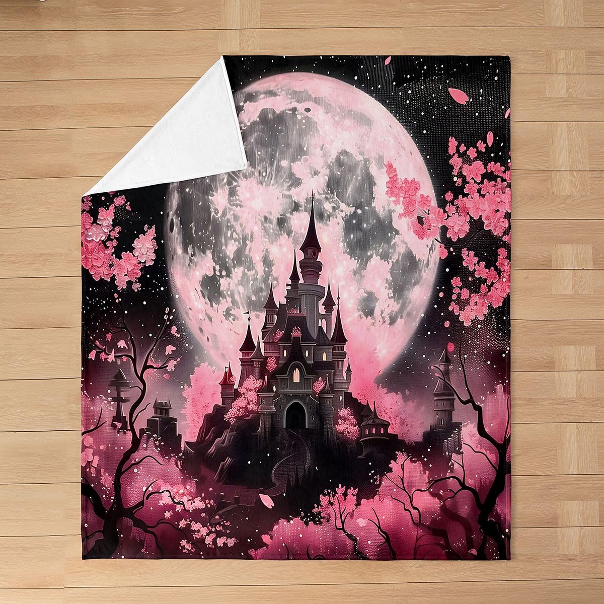 Feelyou Castle Flannel Blanket Plush Fuzzy Halloween Themed Fleece Throw Blanket for Boys Girls Cherry Blossoms Plush Lightweight Sofa Throw Goth Throw 50"x60" for Bed Couch Chair Living Room