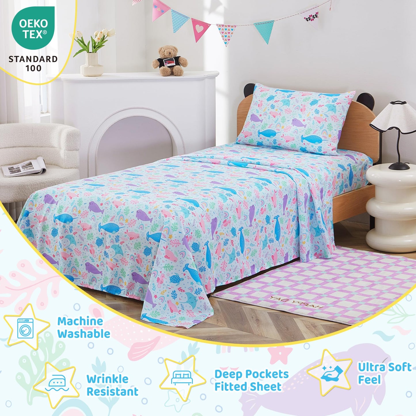 Viviland 3 Pieces Girls Blue Marine Twin Sheet Set - Soft Microfiber Fitted Flat Sheets & Pillowcase Bed Sheet Set - Colorful Marine Animals Print Bedding Sets for Kids