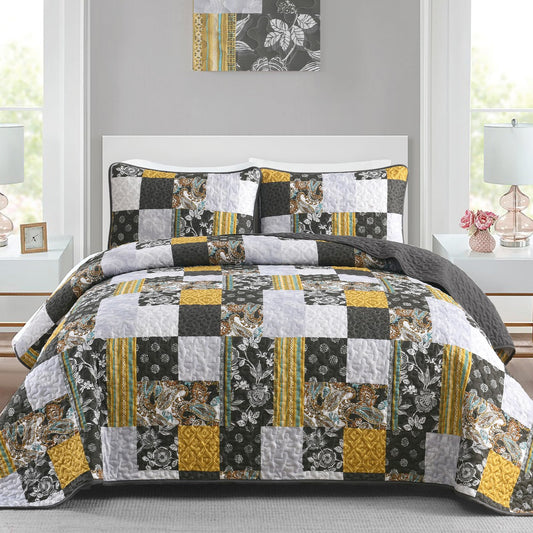 Patchwork Quilt Set King Grey Boho Bedsperad Classic Coverlet Set, 3 Pieces Bohemian Quilts Grey Yellow Bedding Set, Soft Microfiber Reversible Plaid Patchwork Bedspread for All Seaon (110''x90'')