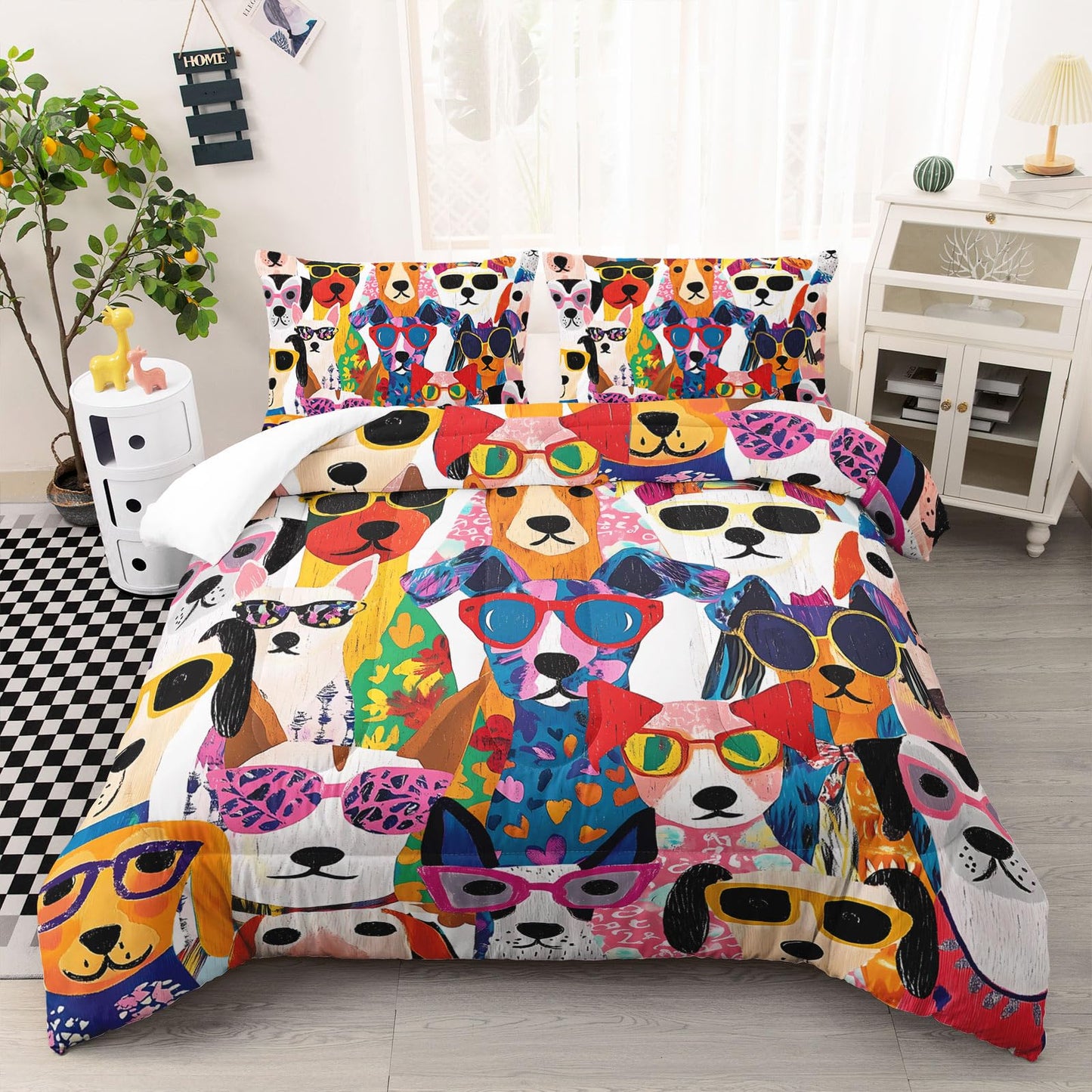 AILONEN Cute Dogs Comforter Set Full Size,Funny Cartoon Puppy Bedding Sets for Kids,Pet Animals Theme Comforter with 2 Pillowcase,Soft Microfiber