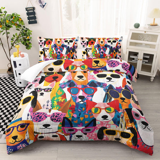 AILONEN Cute Dogs Comforter Set Full Size,Funny Cartoon Puppy Bedding Sets for Kids,Pet Animals Theme Comforter with 2 Pillowcase,Soft Microfiber