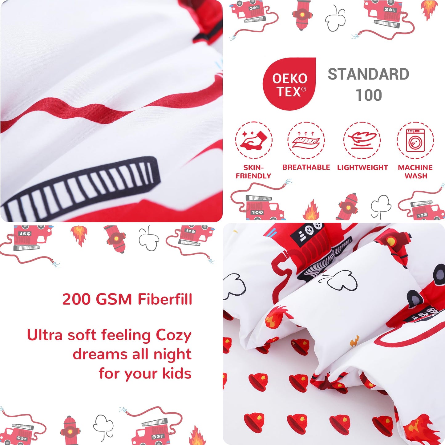 Viviland Fire Truck Toddler Comforter Sets, Cute Boys Girls Toddler Bedding Set, Soft Microfiber Fire Engine Toddler Bed Set